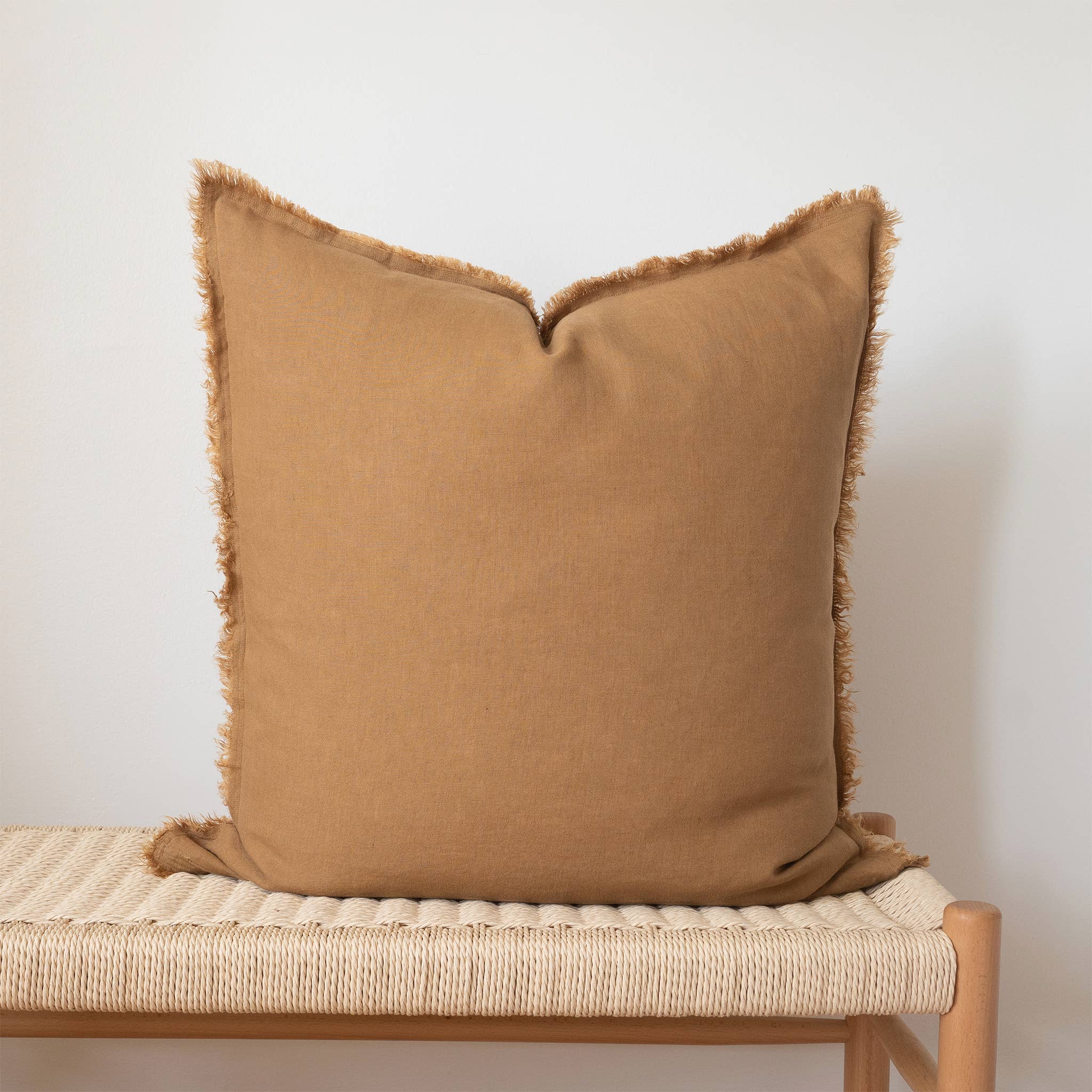 Square Fringed Linen Pillow Cover - Camel